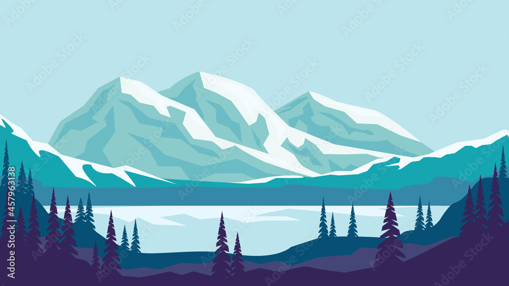 Mountain landscape, spruces and mountain lake, nature background, flat design, vector illustration.