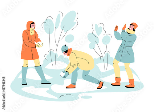 Young people girls play snowballs fight in the park. Fun winter games. Vector illustration in cartoon style.