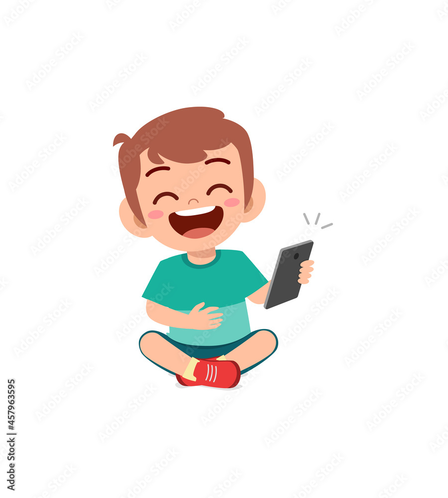 little boy using mobile phone and laugh
