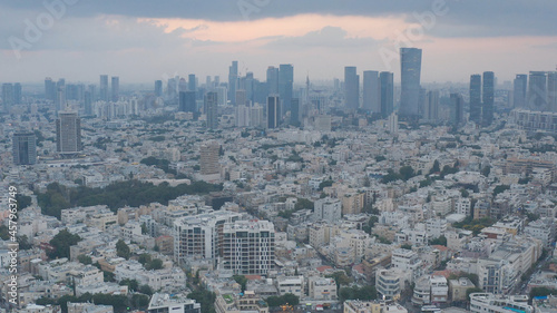 Tel aviv Skyscrapers cityscape panorama at Sunset  Aerial view drone view at sunset  Tel aviv  Israel  may 30 2021 