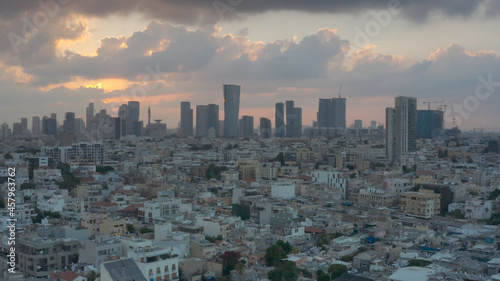 Tel aviv Skyscrapers cityscape panorama at Sunset, Aerial view drone view at sunset, Tel aviv, Israel, may,30,2021 