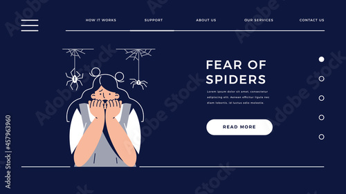 Arachnophobia, Fear of Spiders web template. Frightened woman character suffers from Spider Phobia, Covers Face With Hands. Irrational fears, Afraid of Insect for homepage.Flat vector illustration