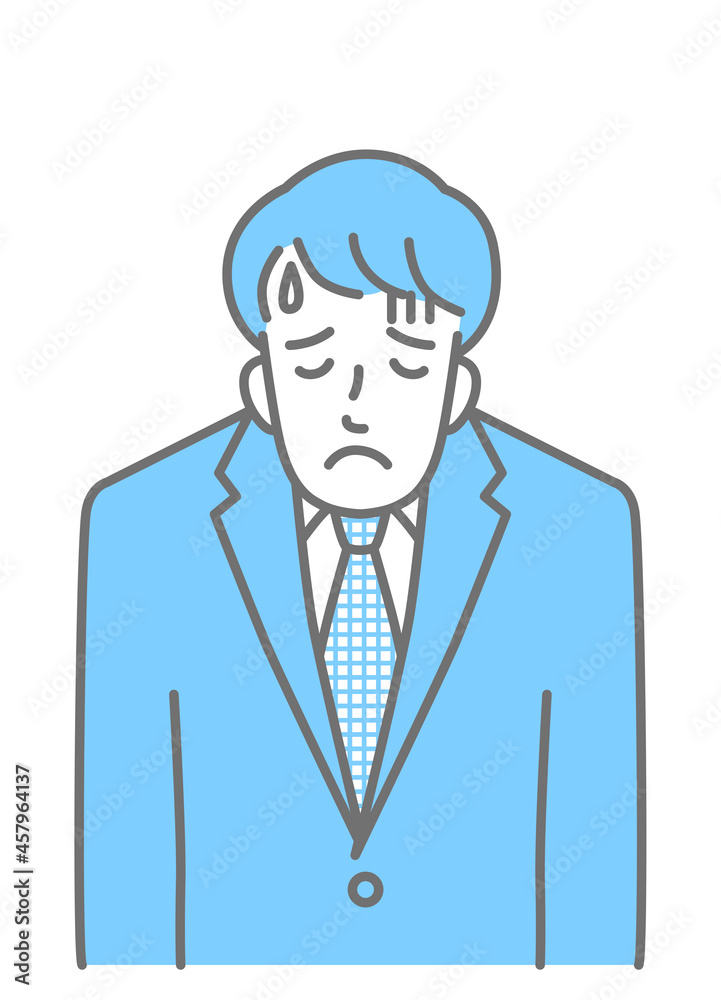 Upper body of a young man in a suit drooping his shoulders in disappointment (colored)