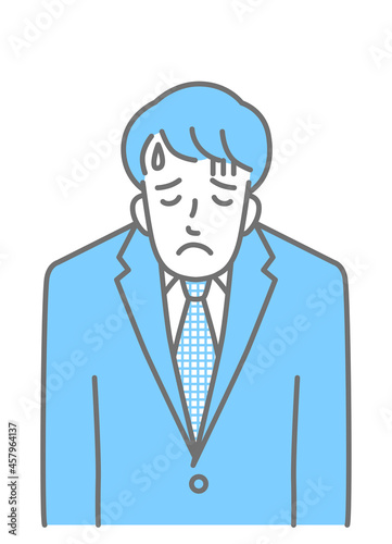 Upper body of a young man in a suit drooping his shoulders in disappointment (colored)