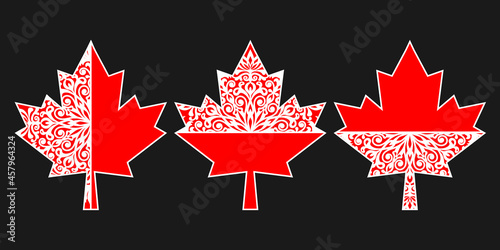 Red maple leaf with openwork pattern and place for your text.Three variants of the festive monogram.