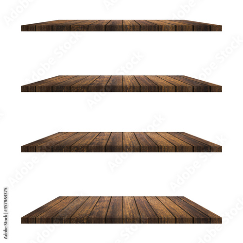 4 Wood shelves table isolated on white background and display montage for product.