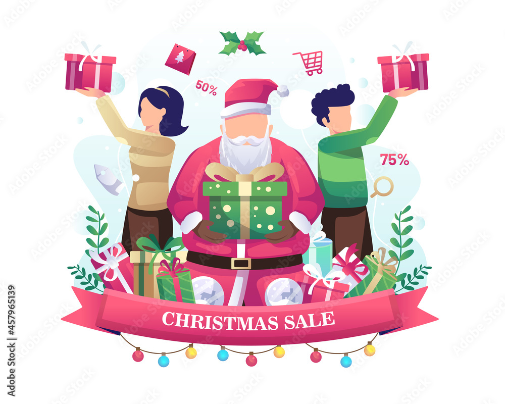 Fototapeta premium santa claus giving gifts concept design of Christmas sale with people receiving gifts. Flat vector illustration