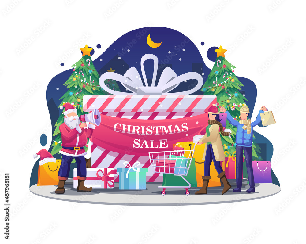 people are shopping with Santa Claus using megaphones on promotion in Christmas sale. Flat vector illustration people are shopping with Santa Claus using megaphones on promotion in Christmas sale. Flat vector illustration