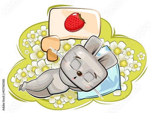 Baby Hare. Meadow and ripe strawberry are dreaming. Childrens illustration. Chamomile. The baby animal fell asleep. Cartoon style landscape. Isolated on white background. Vector