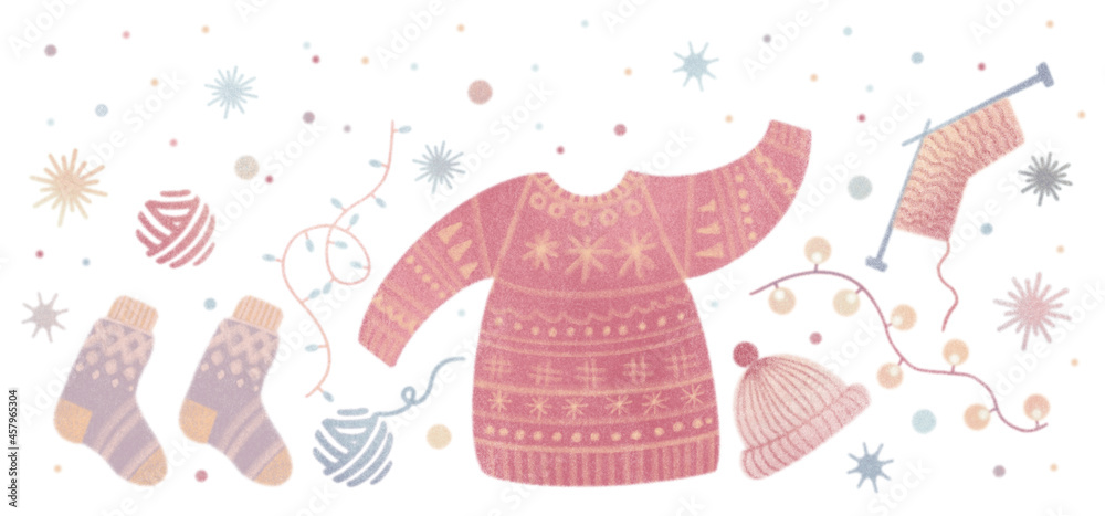 Watercolor vintage cartoon style set with Christmas cozy illustration isolated on white background. Hygge winter New Year collection. Sweater, hat, socks, garland, doodles, knitting, snowflakes.
