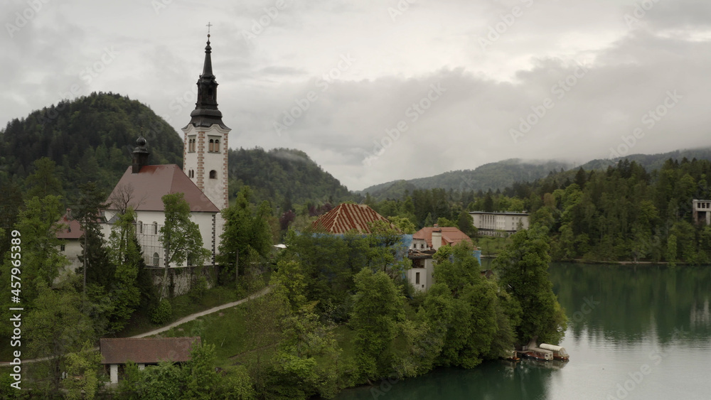 Aerial view over Bled lake Church, Slovenia
Pilgrimage Church of the Assumption of Maria (Bled Island) on a Cloudy day,2021
