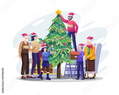 Happy family decorating the Christmas tree together prepare for Christmas and new year holiday. Flat vector illustration