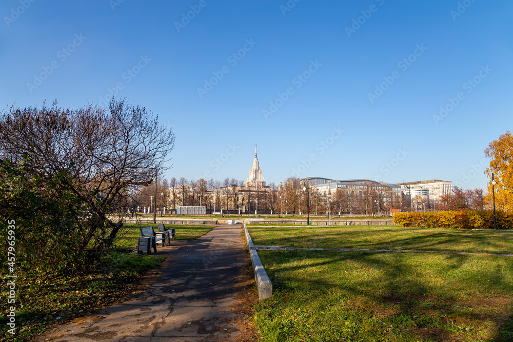 The Main building of Lomonosov Moscow State University on Sparrow Hills (summer day). It is the highest-ranking Russian educational institution. Russia