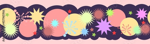 Festive background. Seamless picture. Border. Bright flashes of fireworks in a symbolic style. Petard and squib. Flat design. Cartoon style. Vector