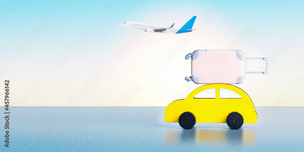  Summer vacation and air, auto travel concept.  Car with luggage, airplane on sunny day. Banner.