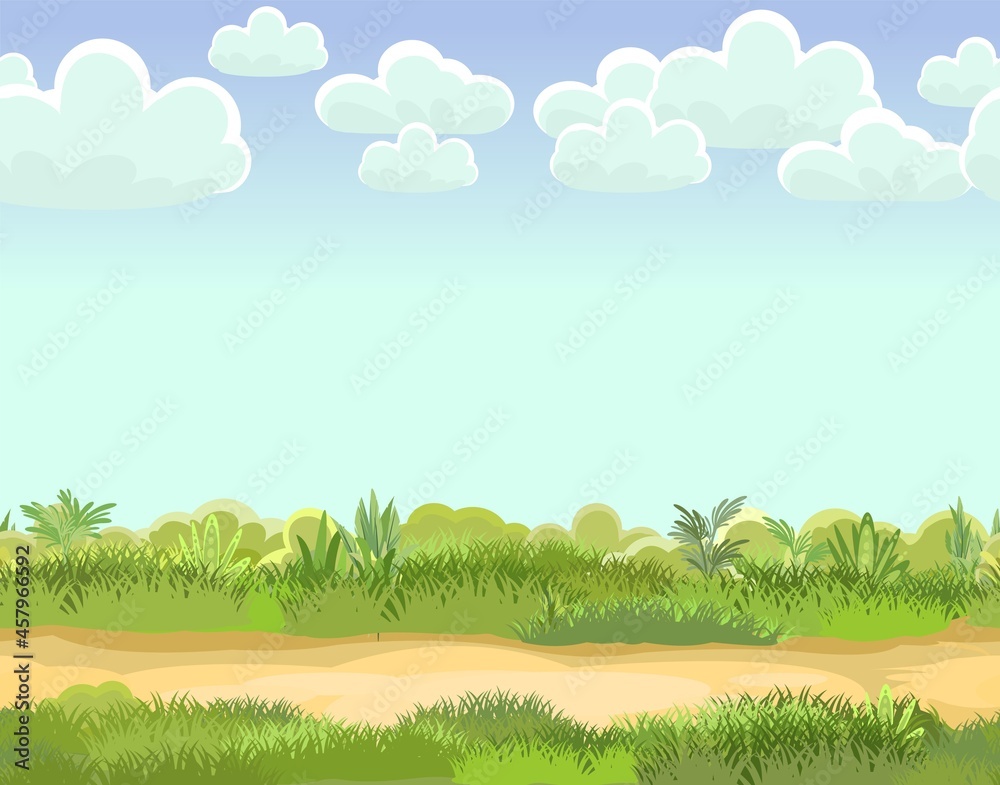 Rural road to Green Glade. Summer meadow. Trail. Juicy grass close up. Grassland. Country trip. Cartoon style. Flat design. Seamless illustration vector art Rural road to Green Glade. Summer meadow. Trail. Juicy grass close up. Grassland. Country trip. Cartoon style. Flat design. Seamless illustration vector art