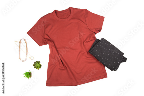 Blank red burgundy t-shirt mockup on white isolated background. Bella canvas mock up. Top view layout