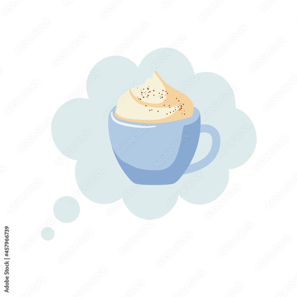 Cup of hot cocoa or coffee for Christmas with whipped cream. Hot winter drink in blue cup. Beverage symbol. Winter card Template. Cappuccino cream vector illustration in flat style. Cup of hot cocoa or coffee for Christmas with whipped cream. Hot winter drink in blue cup. Beverage symbol. Winter card Template. Cappuccino cream vector illustration in flat style.
