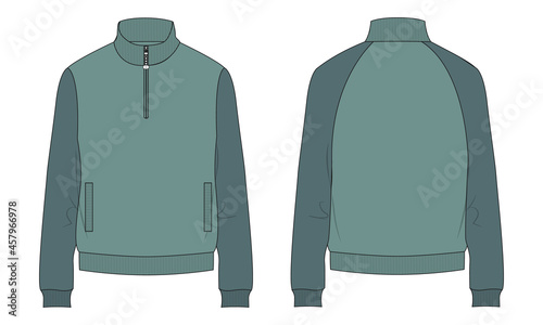 Two tone  Long sleeve with Short zip fleece jacket overall technical fashion Flat sketch Vector illustration template Front, back views. Apparel Sweater Jacket mock up CAD.