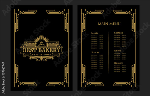 Luxury vintage bakery shop food menu card template ornamental black and golden with emblem logo for hotel cafe bar coffee shop vector print ready