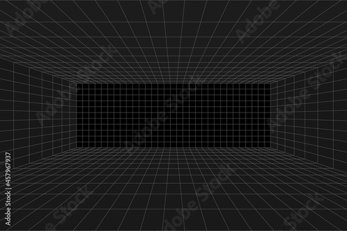 Grid perspective black room. Gray wireframe background. Digital cyber box technology model. Vector abstract architectural template