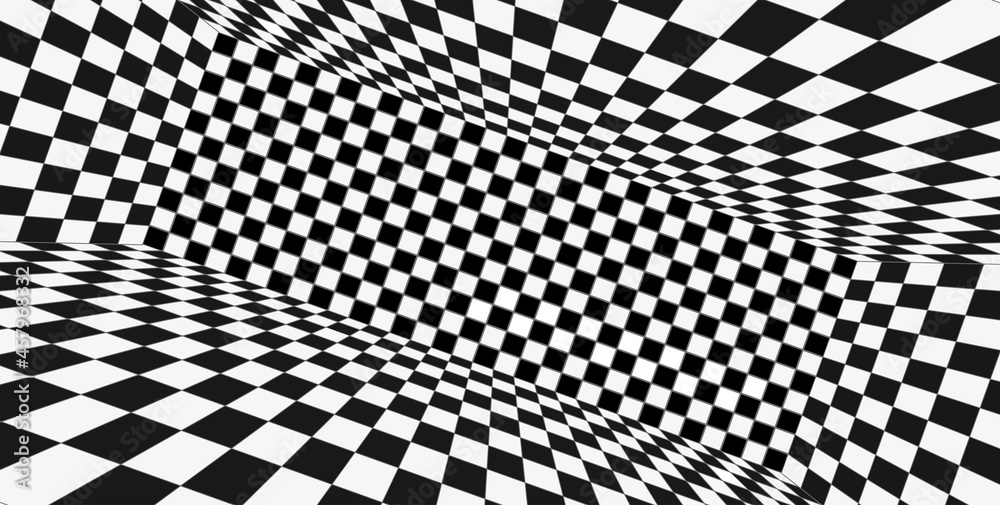 Grid perspective black and whte room. Chess wireframe background. Digital cyber box technology model. Vector abstract illusion template