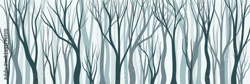Bare Tree Silhouette with Tall Trunk and Branched Top as Misty Forest Horizontal Backdrop Vector Illustration