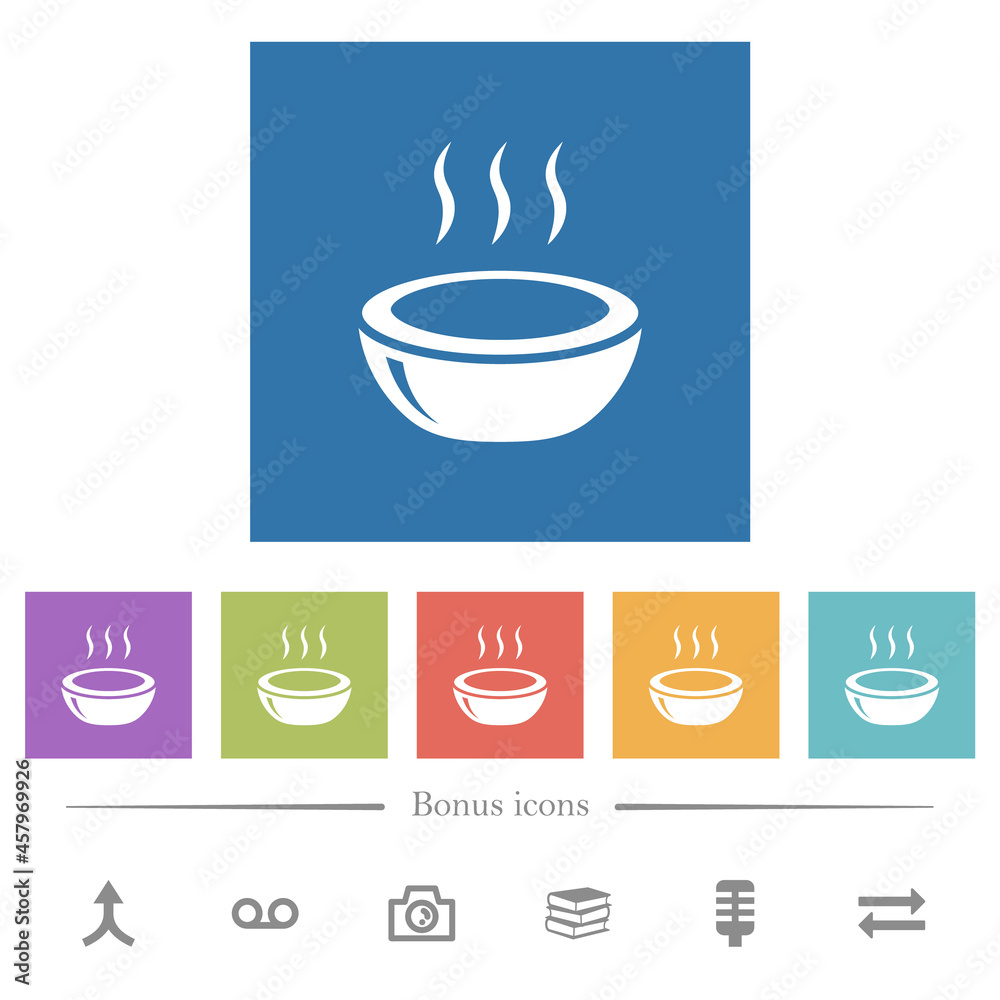 Glossy steaming bowl flat white icons in square backgrounds Glossy steaming bowl flat white icons in square backgrounds