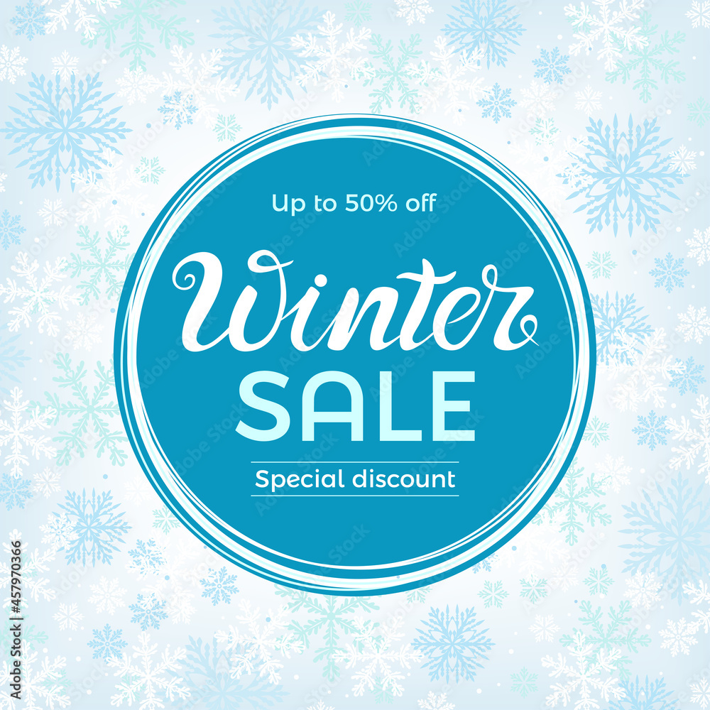 Winter sale banner. Design element for discount promotions. Blue snowy background. Vector illustration. 