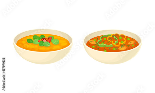 Served on Plate Dish with Creamy Vegetable Soup with Green Pea and Tomato Vector Set