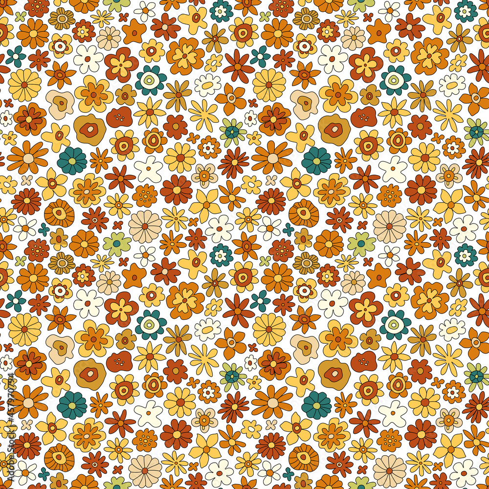 70s retro flower vector seamless pattern. Groovy vintage floral repeat