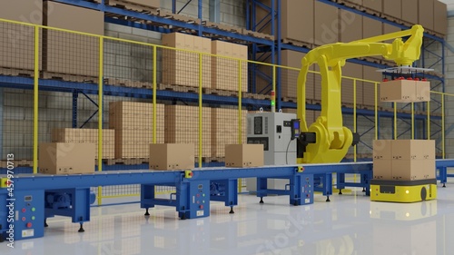 Factory 4.0 concept: The collaboration of industrial robot and AGV (Automated guided vehicle) in smart warehouse. 3D illustration