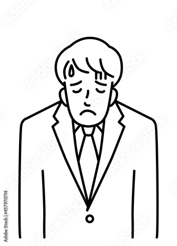 Upper body of a young man in a suit drooping his shoulders in disappointment (line)