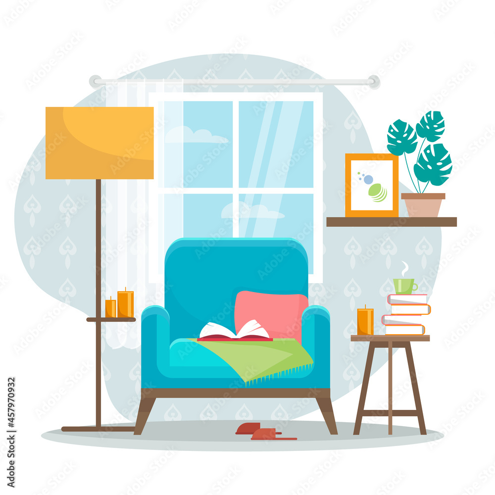Chair in livingroom with table, books and window. Vector illustration. in flat style.