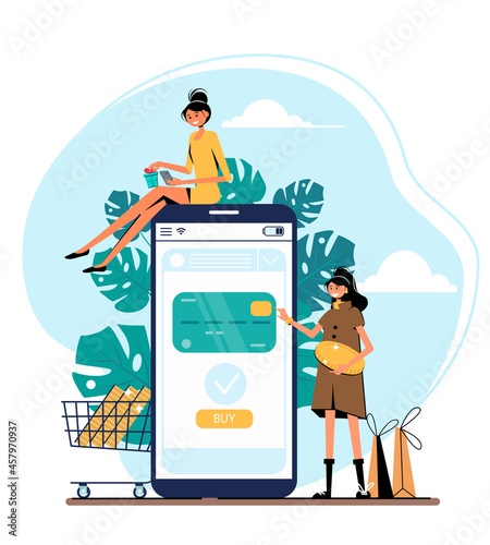 Business series, online shop -modern flat vector illustration concept of women shopping. Website interaction - purchase process. Creative landing page design template.