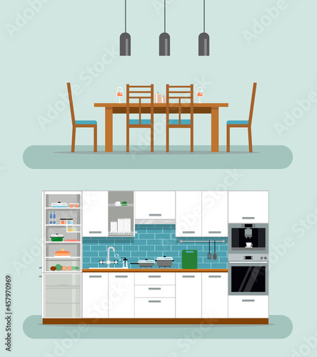 Cozy kitchen interior with table, stove, cupboard, dishes and fridge. Kitchen with furniture set. Flat style vector illustration.