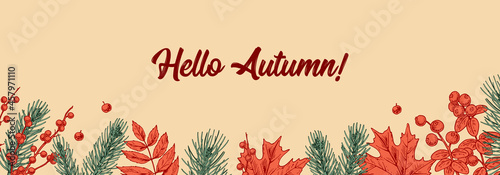 Horizontal colorful Autumn design with leaves, fir tree branches and berries. Hand drawn vector illustration. Warm wishes
