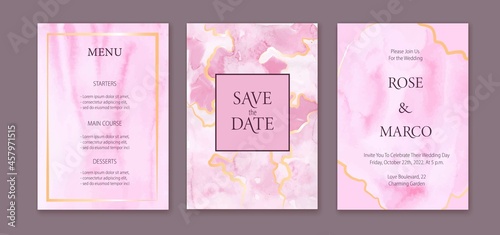 Wedding cards set, Save the Date luxury design. Watercolor pink, lilac, texture card, poster, background.