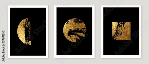 Set of wall art prints with golden geometric shapes, black brush strokes.