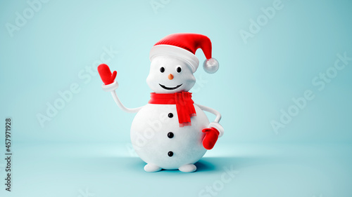 Cute Snowman in Santa Claus hat on light pastel background - 3D, render. Christmas and New Year symbol with gifts and candy. Greeting card, banner, template with copy space. © JooLaR