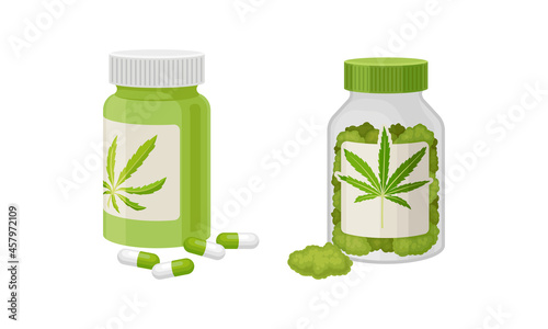 Dry Cannabis Plant in Jar with Label and Capsule Vector Set