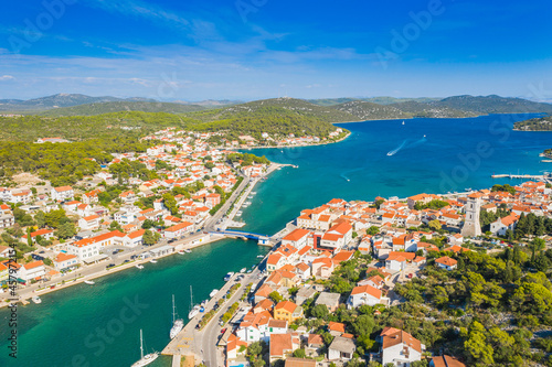 Fototapeta Naklejka Na Ścianę i Meble -  Town of Tisno on the island of Murter, Dalmatia, Croatia, aerial panoramic view