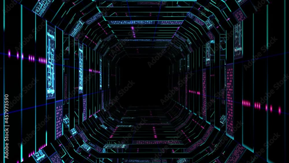 Abstract technological background 3D animation, moving through a futuristic technological or digital cyberspace tunnel corridor or shaft loop.