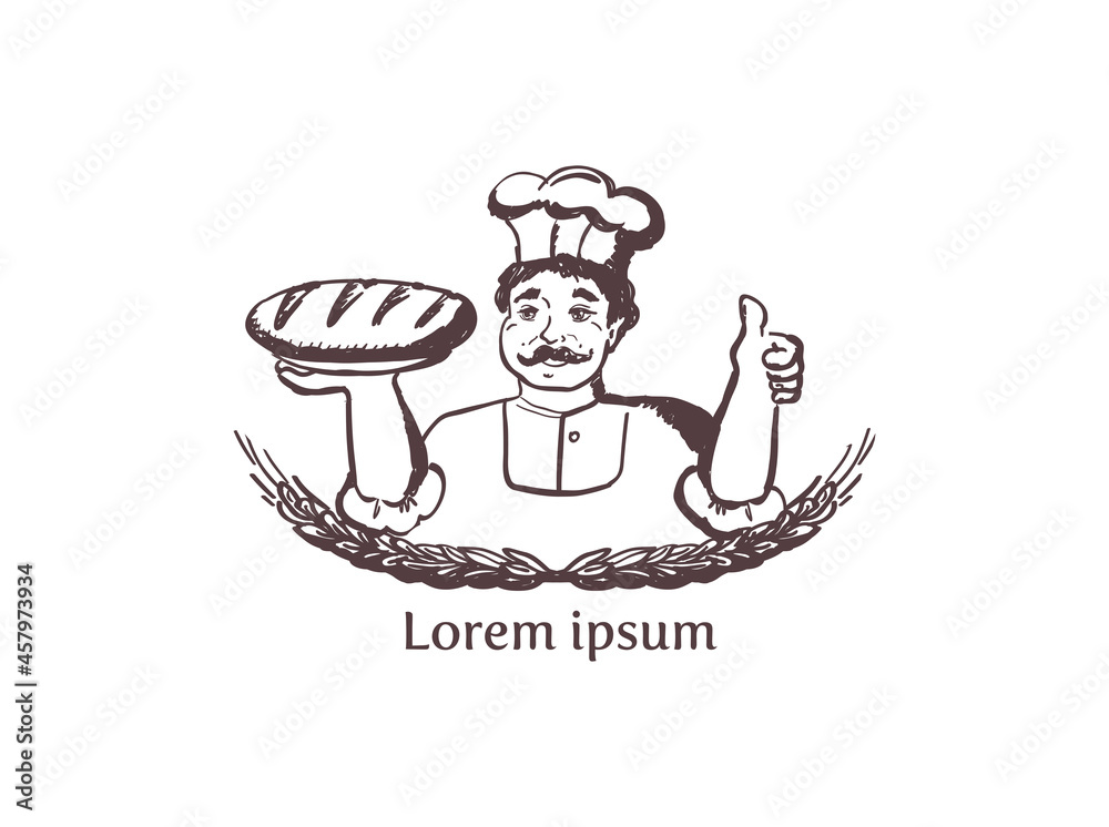 Baker portrait with bread showing thumbs up, bakery label Baker portrait with bread showing thumbs up, bakery label