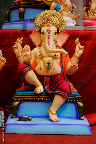 06 September 2021, Pune, India, Ganesha or Ganapati for sale at a shop on the event of Ganesh festival in India, Eco friendly God Ganesha Statue made from clay. photo