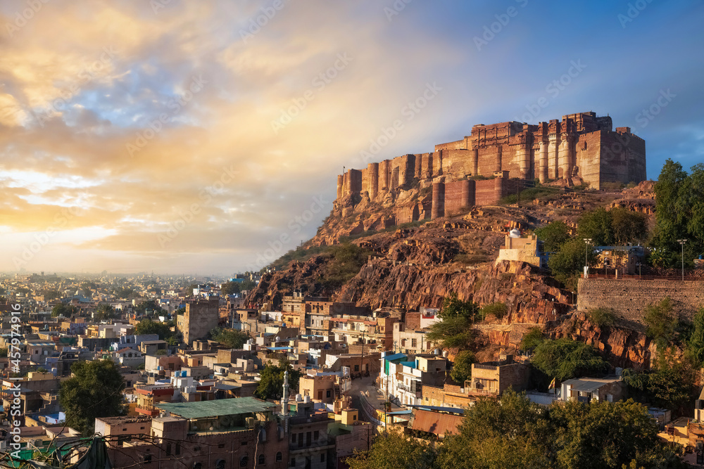 Mehrangarh Fort with Jodhpur city scape at sunset. A UNESCO World heritage site at Jodhpur, Rajasthan, India.