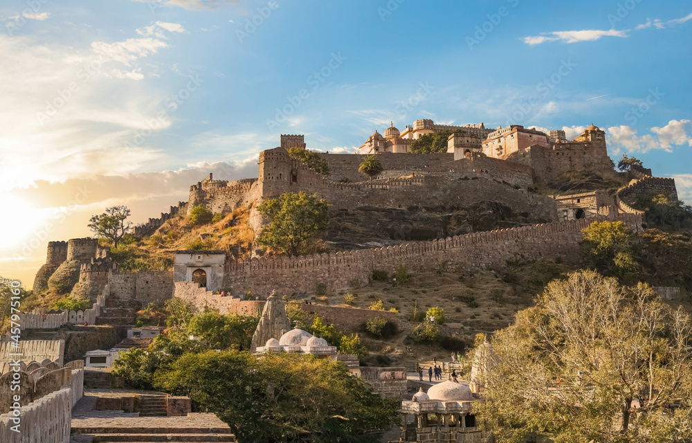 Historic Kumbhalgarh Fort at sunset built in the 15th century at Udaipur Rajasthan, India