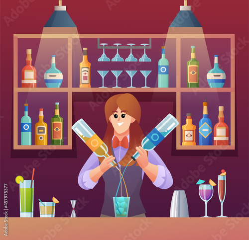 Female bartender mixing drinks at bar counter concept illustration