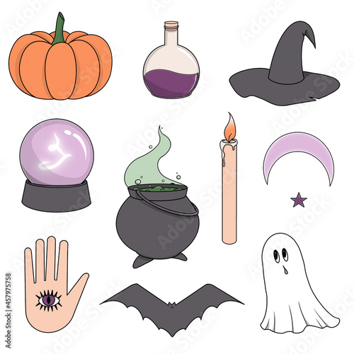 Set of Halloween illustrations with witch tools in grey, green and violet colors. 