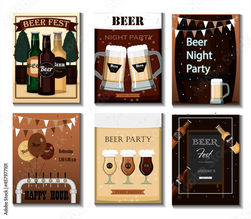 A set of vector flyers for a beer party, festival or advertising. Flat illustration with beer mugs, beer bottles, glasses and holiday decorations Ads for Oktoberfest, holiday, or images for a